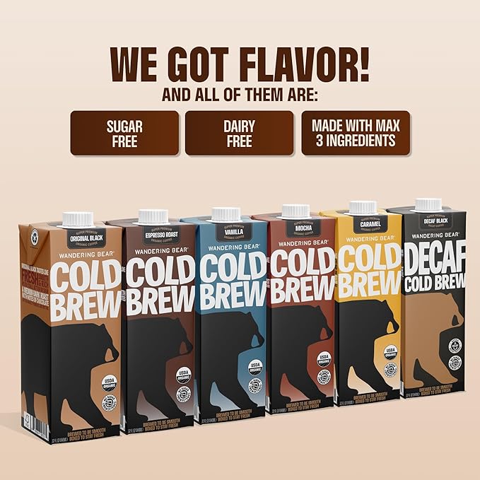 Wandering Bear Decaf Cold Brew Coffee - Bold Smooth No Sugar Added Shelf-Stable Ready to Drink Gluten Free &amp Vegan Decaf Iced Cold Brewed Coffee Drink - 32 fl oz 6 pack