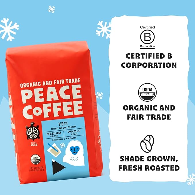 Peace Coffee Yeti Cold Brew Blend | 20 oz Medium Roast Whole Bean | Organic Fair Trade | Smooth Rich Flavor | Shade Grown Fresh Roasted