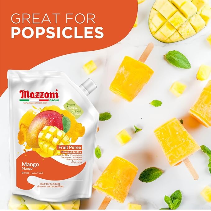 Mazzoni - Mango Puree Juice 100% Pure Mango Lassi Just Fruit Nectar No Sugar Added 2.2 lbs (35.2 oz) Real Fruit Mixer for Cocktails Drinks Smoothies Convenient Pouch Made in Italy