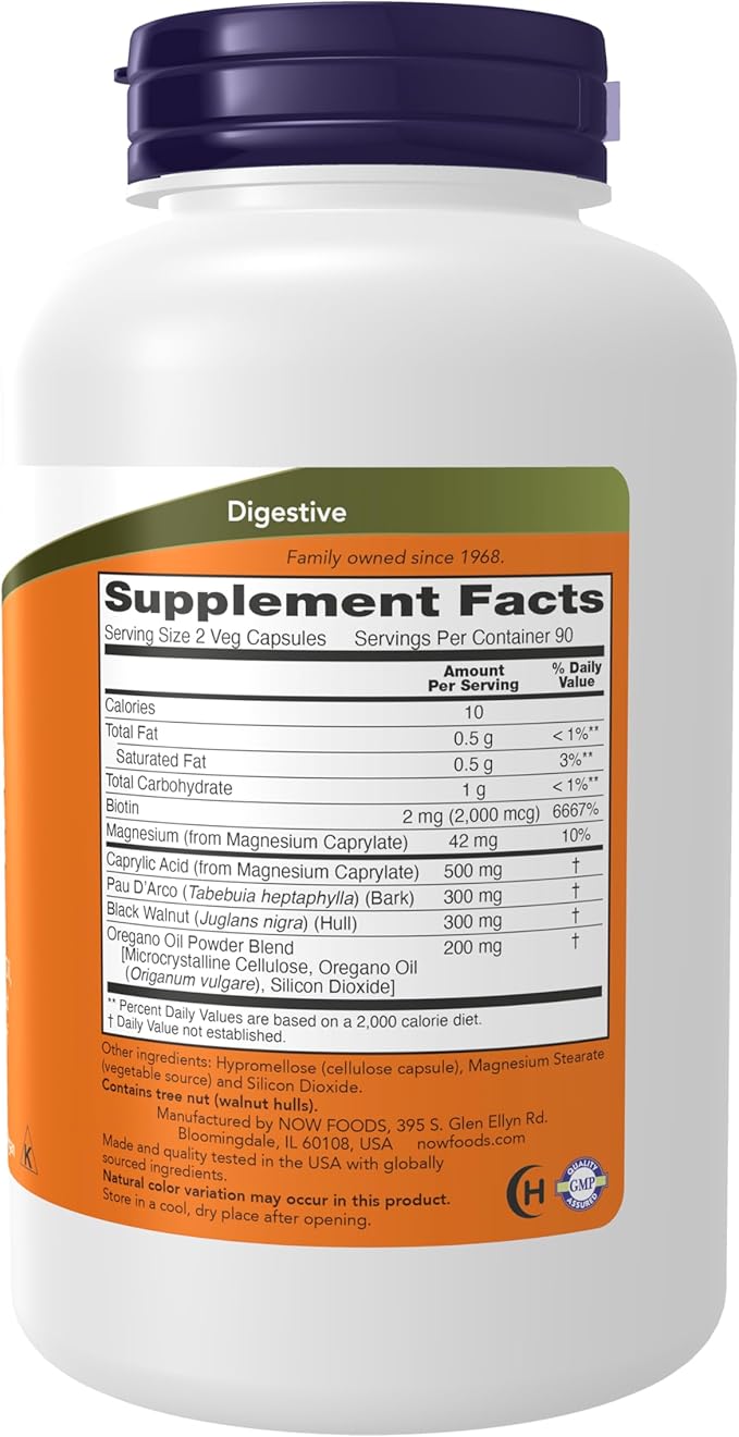 NOW Foods Supplements Candida Support with Pau D'Arco Oregano Oil Black Walnut &amp Caprylic Acid 180 Veg Capsules