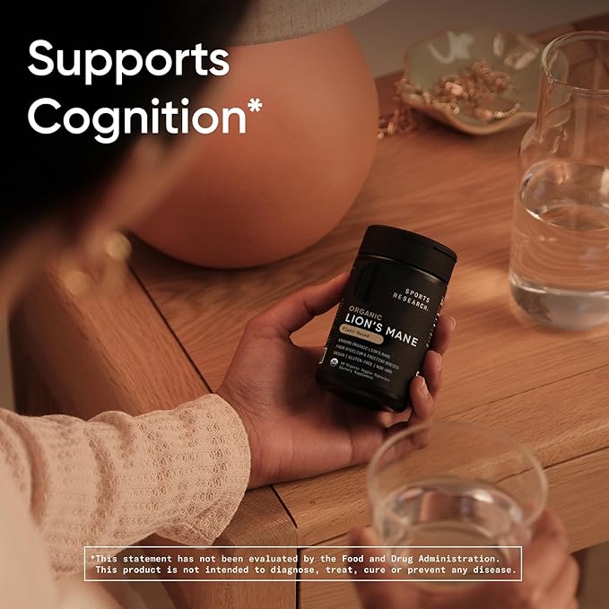 Sports Research® Organic Lion's Mane Mushroom Supplement 1800mg - Brain Health Focus &amp Cognitive Supports - USDA Certified Organic · Non-GMO · Vegan - 90 Count Capsules