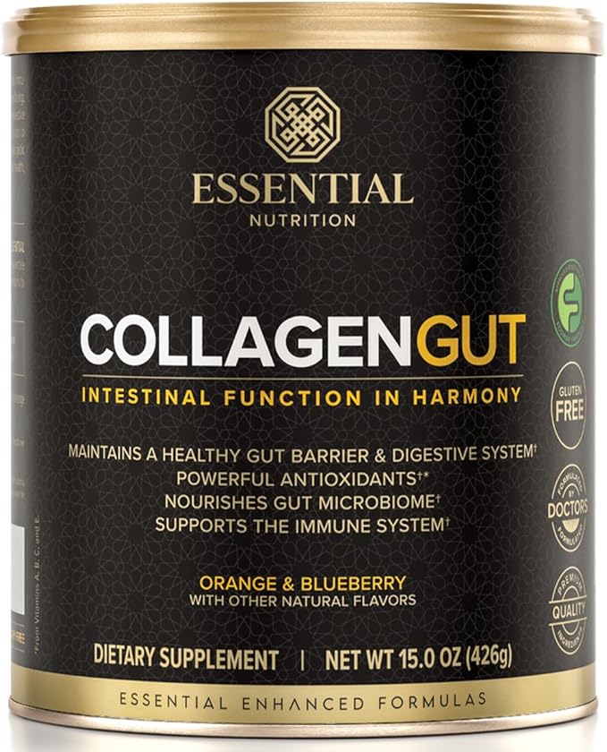 Essential Nutrition - Collagen Gut - Collagen Peptides Powder - Gut health supplement Immunity - Prebiotic Fiber Turmeric Extract FODMAP Friendly Sugar-Free - Orange &amp Blueberry- 15oz (20 Servi