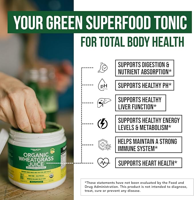 Organic Wheatgrass Juice Powder - Organically Grown in Volcanic Soil of Utah - Raw &amp BioActive Form Cold-Pressed Then CO2 Dried 20:1 Super Concentrate - Lemon (6.2 oz - 60 Servings)