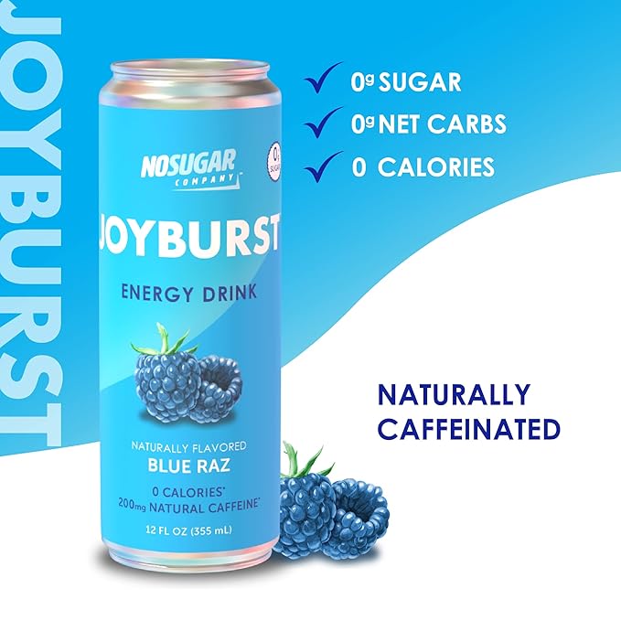 No Sugar Joyburst Energy Drink 0 Calorie 0 Sugar Sugar Free Energy Drink with Natural Caffeine Hint of Sweetness and Refreshing Sparkling Water - 12 Packs (Blue Raz)