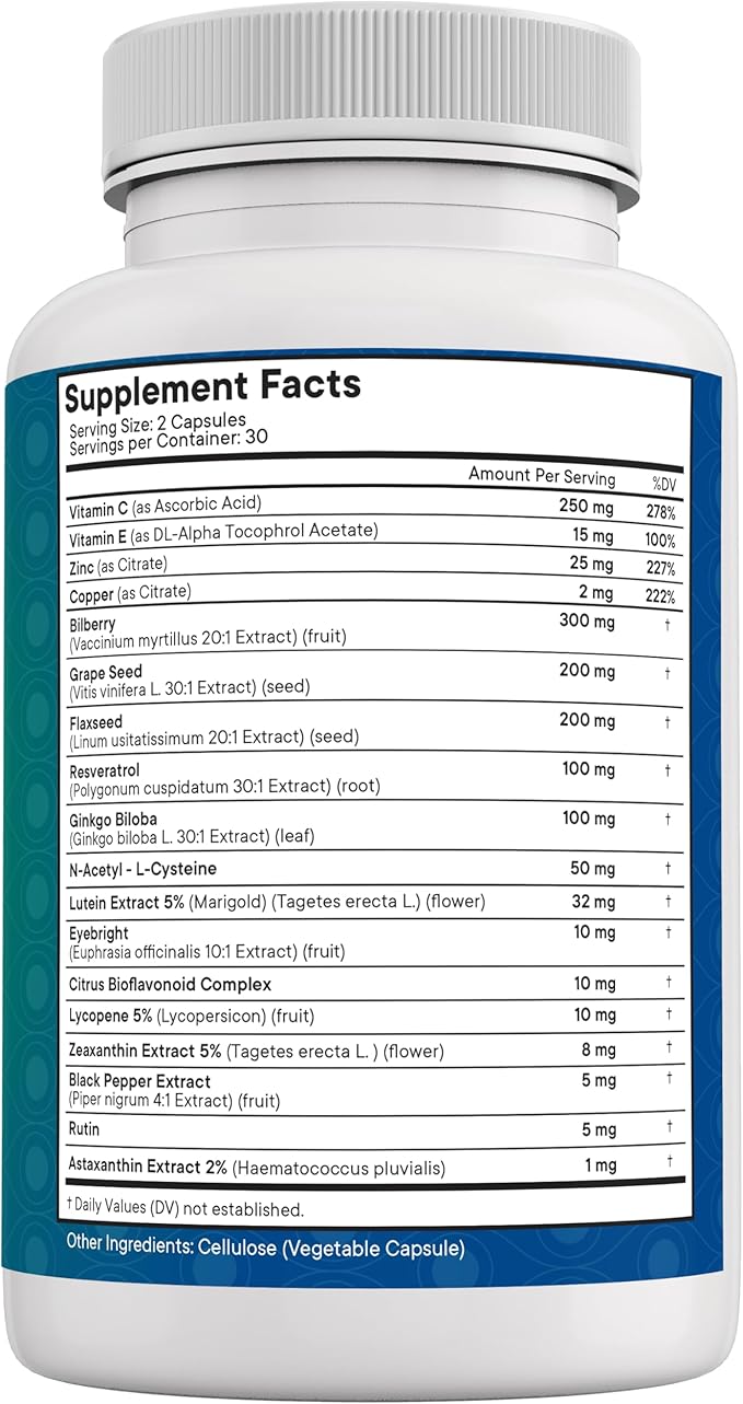 NEW AGE Eye Health Vitamins with Bilberry Lutein &amp Zeaxanthin Lycopene Resveratrol Grape Seed Astaxanthin - Eye Vitamin - 60 Count