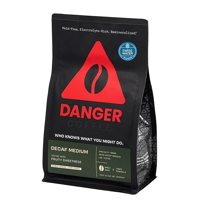 Danger Coffee by Dave Asprey Remineralized Mold Free &amp Lab Tested Swiss Water Decaf Whole Bean Coffee Medium Roast Decaffeinated 10.9 Ounce