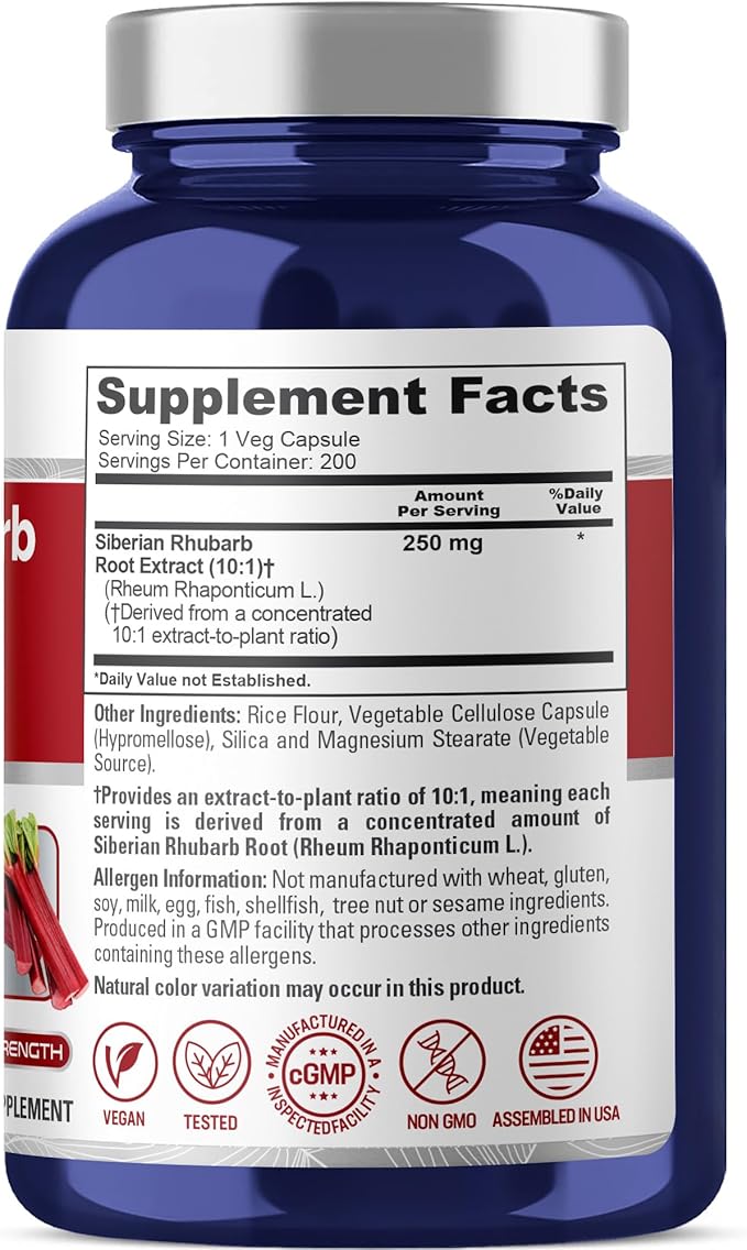 NusaPure Siberian Rhubarb 250 mg 200 Veg Capsules (Non-GMO Vegan)