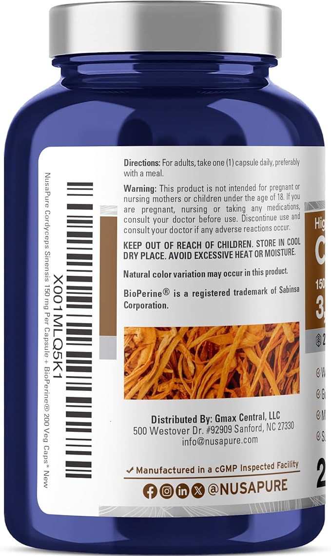 NusaPure Cordyceps 20:1 Extract 150 mg Equivalent to 3000mg 200 Veggie Capsules (Sinensis CS-4 Non-GMO Vegan) Bioperine