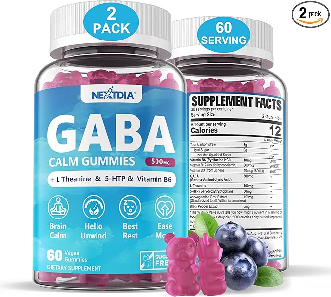 GABA Gummies 500 mg - Sugar-Free Calm Gummies with L Theanine 5-HTP Vitamins D3 B12 Ashwagandha Melatonin-Free for Brain Calm Mood Zzz Better GABA Supplement for Adult Blueberry Flavor Vegan