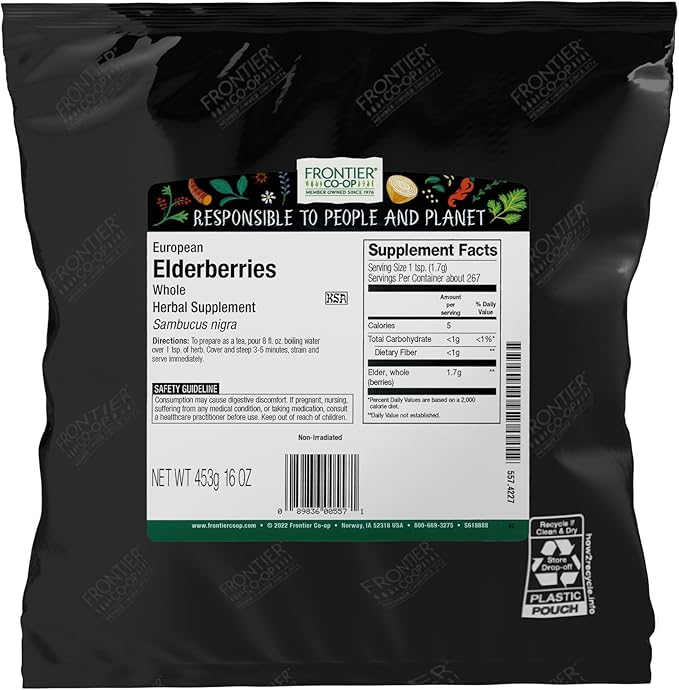 Frontier Co-op Dried Elderberries European Whole - Non-GMO Elderberry Dried Fruit for Powder Tea Immune Support - Kosher | 16 Ounce (Pack of 1)