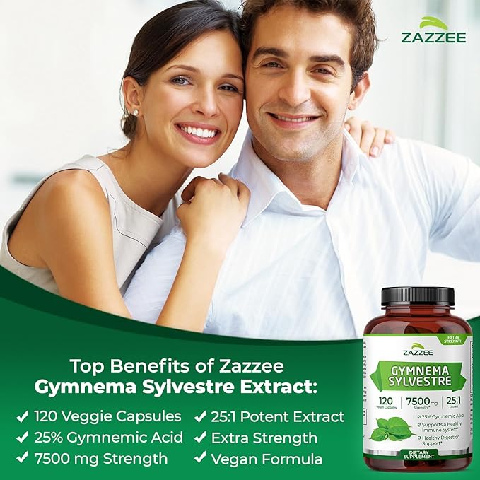 Zazzee Organic Gymnema Sylvestre 25:1 Extract 7500 mg Strength 25% Gymnemic Acid 120 Vegan Capsules 4 Month Supply Standardized and Concentrated 25X Extract All-Natural and Non-GMO (Pack of 2)