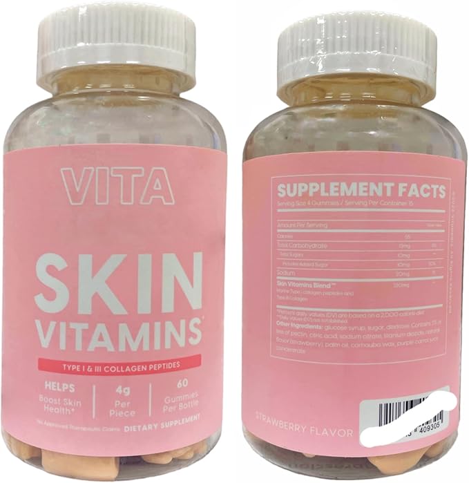 Vita Skin Vitamins Collagen Gummies – Type 1 &amp 3 Peptides – 60 Gummies