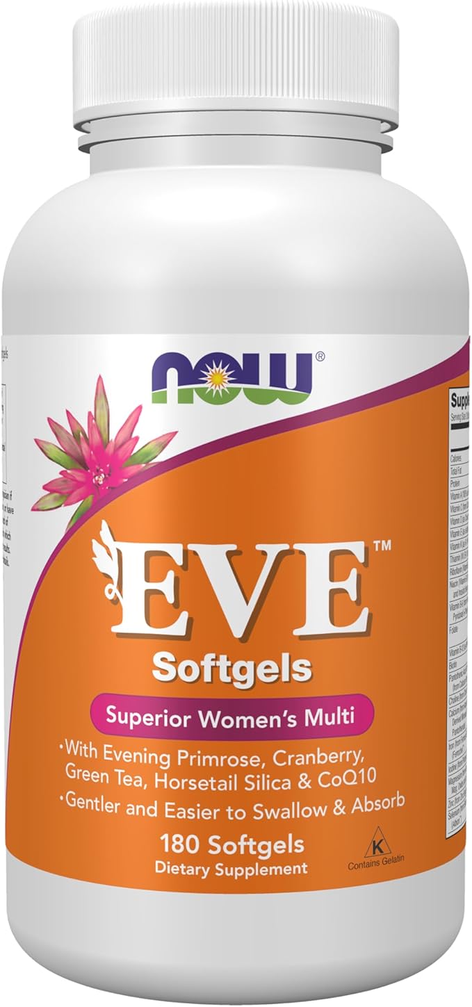 NOW Foods Supplements Eve™ Women's Multivitamin with Evening Primrose Cranberry Green Tea Horsetail Silica &amp CoQ10 180 Softgels