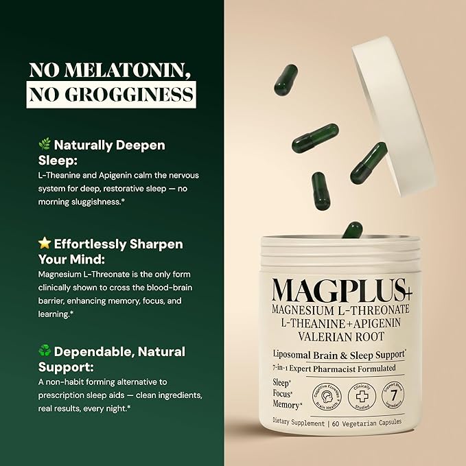 MAGPLUS+ Magnesium L-Threonate w Apigenin &amp L Theanine | 7-Ingredient Sleep Blend | Brain Memory &amp Sleep Support | Liposomal Magnesium Threonate Supplement (60 Capsules)