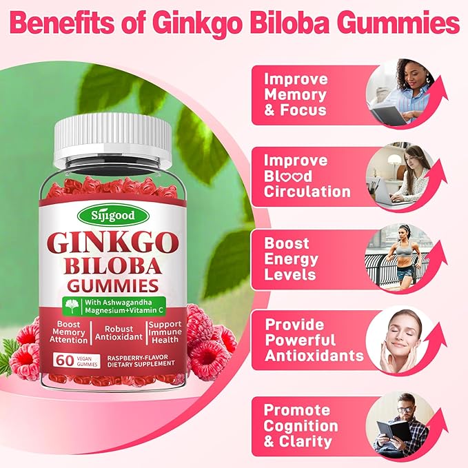 2 Pack Ginkgo Biloba Gummies with Panax Ginseng and Magnesium Ginkgo Biloba Supplements for Focus Memory and Brain Health for Adults &amp Kids Vegan Raspberry Flavor Gummies 120 Count