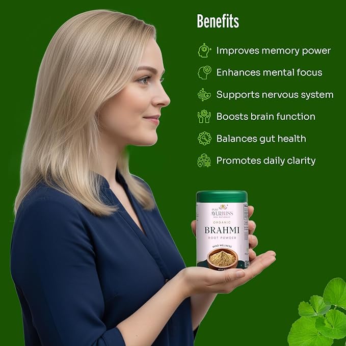 100% Organic Brahmi Powder Ayurvedic Bacopa Monnieri for Memory Focus and Nervous System Care Nootropic Brain Support Blend for Cognitive Wellness Gut Balance - 8oz Tin Box