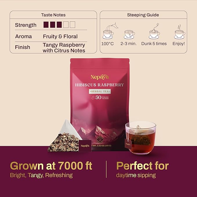 Hibiscus Raspberry Herbal Tea Bags Caffeine Free Pyramid Tea Bags Fruity Berry Blend with Rosehip Lemongrass &amp Orange Peel Hot or Ice Tea 50 Biodegradable Bags