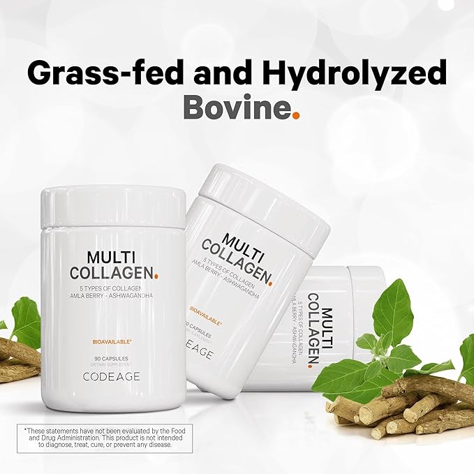 Codeage Multi Collagen Protein Capsules 5 Types Ashwagandha Withania Somnifera &amp Organic Amla Berry + SBO Probiotic Blend 50 Billion CFU Bundle Lactobacillus Plantarum Bacillus Subtilis Non-GM