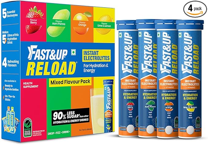 Fast&ampUp Reload Instant Energy and Hydration Sports Drink - Pack of 4 tubes with 20 tablets each - Lime&ampLemon Flavour