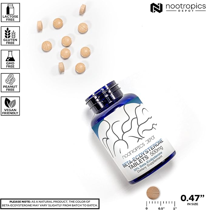Nootropics Depot Beta Ecdysterone/20-Hydroxyecdysone 50% Tablets | 500mg | Cyanotis Arachnoidea Extract | Phytoecdysteroid | 30 Count