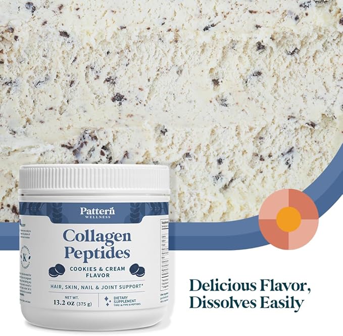 Pattern Wellness Collagen Peptides Powder (Type I &amp III) - Hair Nails Skin &amp Joint Support - Grass Fed &amp Pasture-Raised - Hydrolyzed Non-GMO Dairy Free &amp Keto-Friendly - Cookies &