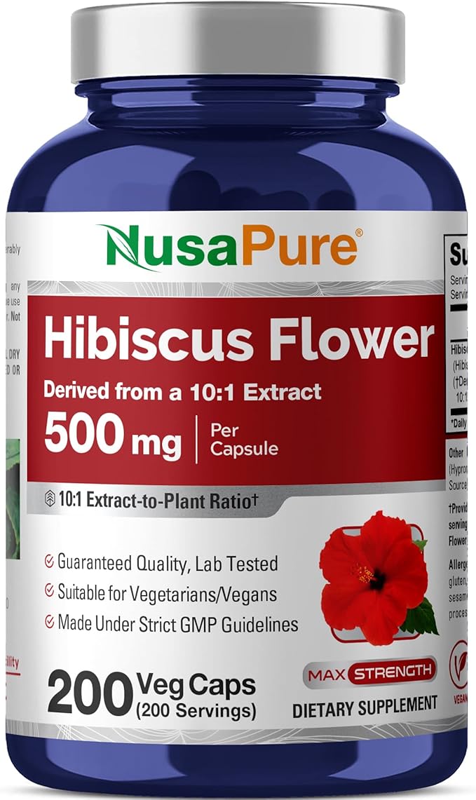 NusaPure Hibiscus Flower Capsules 500 mg 200 Veg Capsules (Non-GMO Vegan)