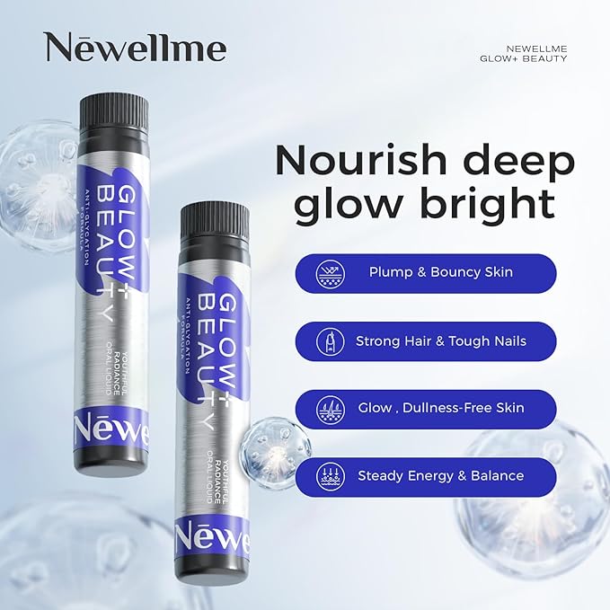 NEWELLME Glow+Beauty Collagen Drink – Liquid Beauty Supplement with Hyaluronic Acid &amp Antioxidant Complex Supports Skin Hydration Hair &amp Nail Strength 28 Bottles