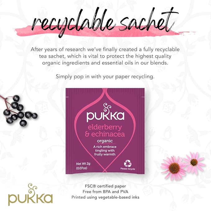 Pukka Organic Tea Bags Elderberry &amp Echinacea Herbal Tea Perfect for Wellness Support 20 Count (Pack of 3) 60 Tea Bags