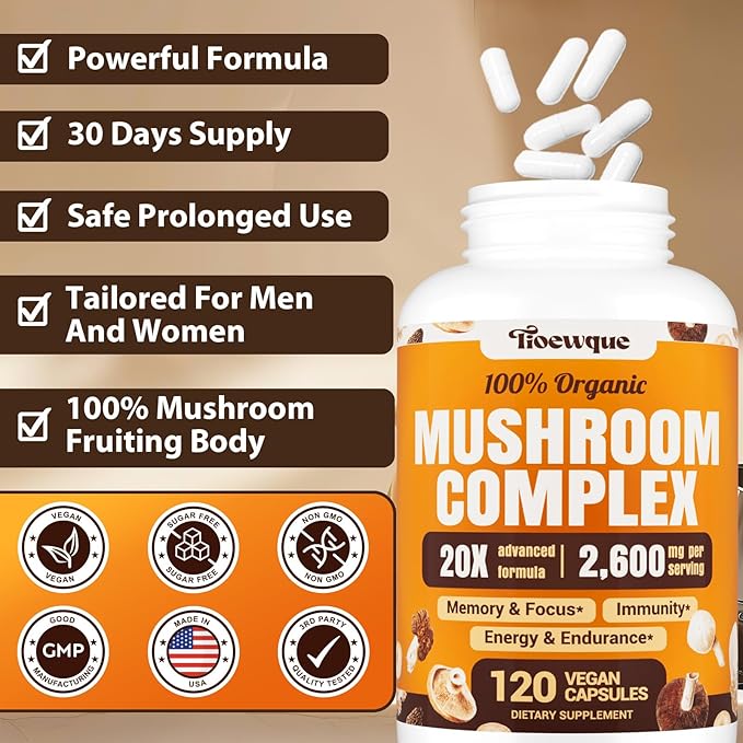Mushroom Supplement Brain Supplements for Memory and Focus 20 in 1 Mushroom Complex with Lion's Mane Reishi Turkey Tail Cordyceps Maitake Shiitake for Energy Focus Memory 3 Pack