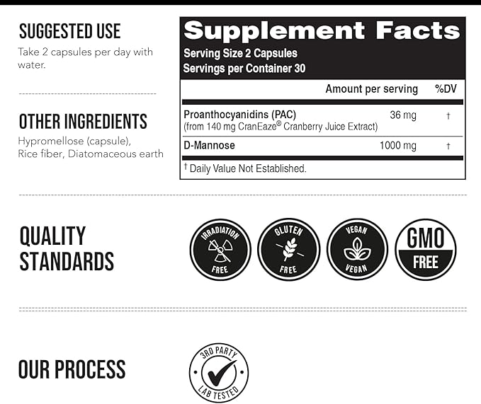 CranEaze®: Cranberry Juice Extract Plus D-Mannose – 36 mg PAC 100% Soluble PAC - Supports Urinary Tract Health – Most Effective Cranberry Pills for Women UTI Cranberry Supplement - 60 Capsules