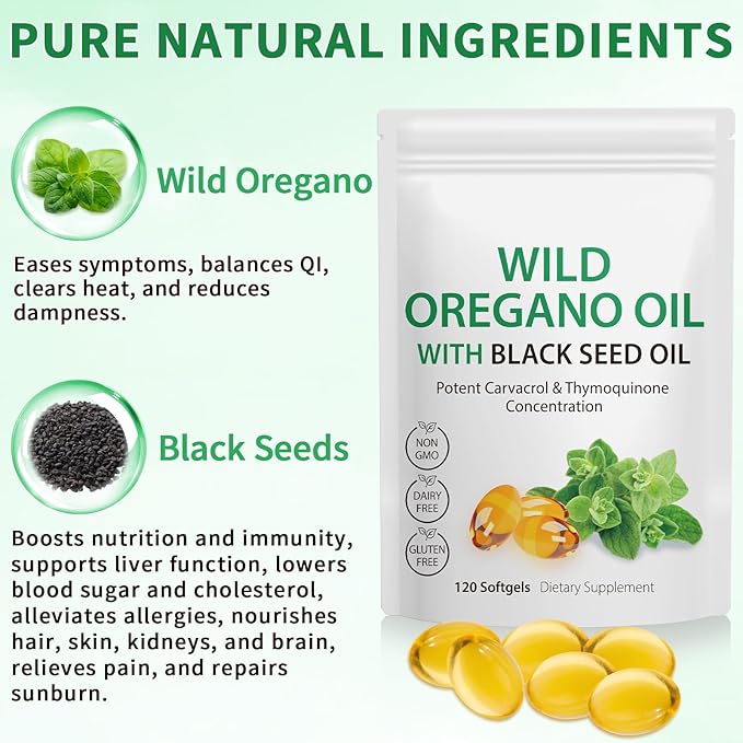 Oil of Oregano Softgels 6000mg Per Serving 240 Count | 2 in 1 Formulated with Black Seed Oil 200mg Natural Antioxidants 4X Strength Carvacrol &amp Thymoquinone | Plant Based Non-GMO &amp Immune Su