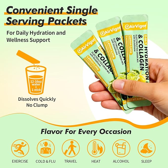 Electrolyte Collagen Powder Packets 10g Collagen Protein Drink Mix for Hydration Recovery Zero Sugar 2-in-1 Post Workout Rehydration Joint Skin Muscle Support 5 Vitamins Lemon Lime