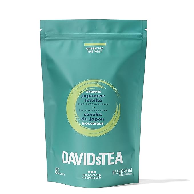 DAVIDsTEA Organic Japanese Sencha Green Tea – High Caffeine Green Tea Bags – Smooth &amp Grassy Flavor – 65 Tea Bags – Traditional Japanese Green Tea