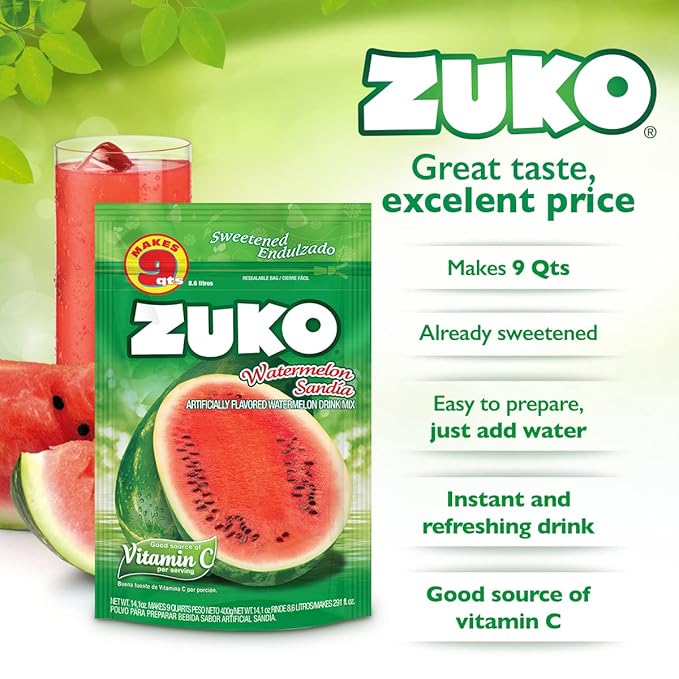 Zuko Watermelon Instant Powder Drink | Family Pack | No Sugar Needed | Vitamin C | 14.1 Ounce (Pack of 2)