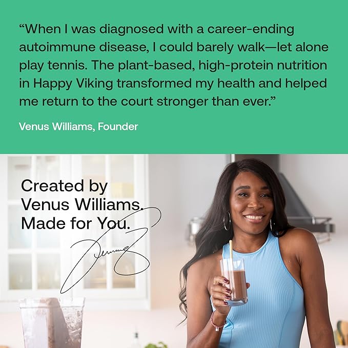 Happy Viking Plant-Based Protein Powder +100 Superfoods Vanilla Meal Replacement Shake Created by Venus Williams 30g Plant Protein 10g Fiber Vegan Gluten-Free Non-GMO 15 Meals