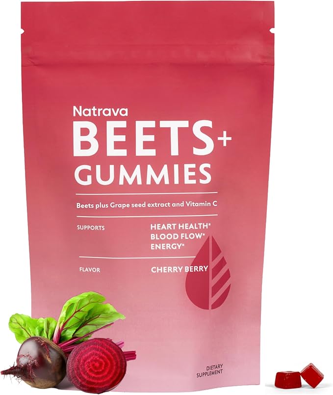 Beets+ Gummies - Premium Beet Root Powder Grape Seed Extract and Vitamin C - Supports Healthy Blood Pressure and Heart Health - Low Sugar Nitric Oxide and Circulation Supplement - 50 Gummies