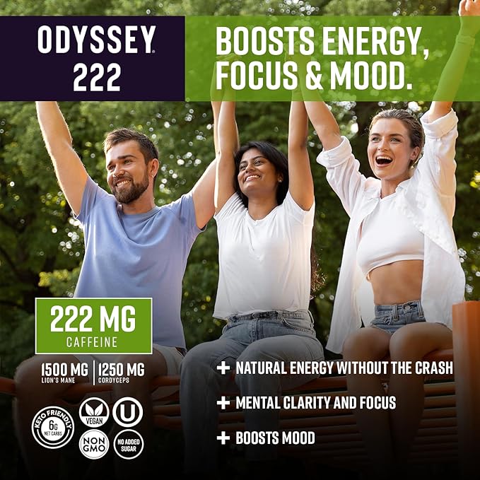 Odyssey 222 Energy Drink Pre Workout 222mg Caffeine Clean Energy Drinks L Theanine Lions Mane Cordyceps &amp Green Tea for Energy Focus &amp Mood Boost Low Calorie Cherry Lime 12 Fl oz 12