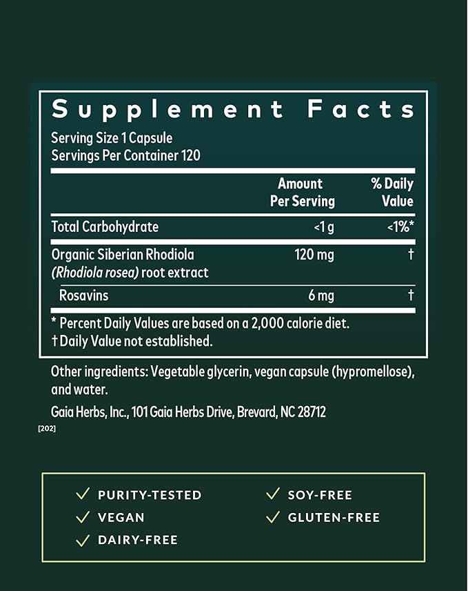 Gaia Herbs Rhodiola Rosea - Stress Support Supplement Traditionally for Supporting Healthy Stamina &amp Endurance - with Siberian Rhodiola Root Extract* - 120 Vegan Liquid Phyto-Caps (120 Servings)