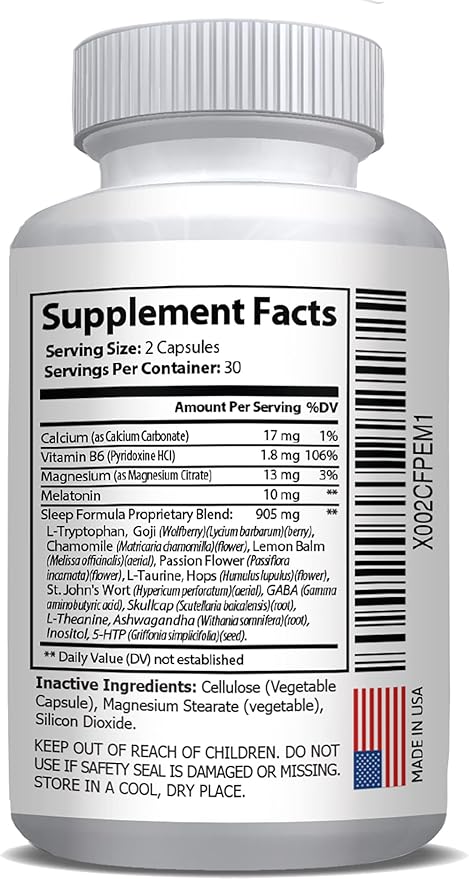 Sleep Support Supplement 60 Capsules with L-Tryptophan GABA Chamomile Melatonin 10 mg + Proprietary Sleep Formula Blend. Sleep Better Sleep Longer and Wake Refreshed. 30 Day Supply
