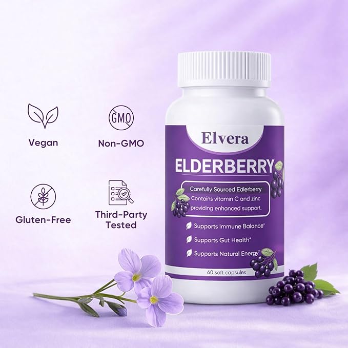 Elvera Gut Support Complex - Organic Black Elderberry Soft Capsules - 1200mg Elderberry Extract Vitamin C Zinc Daily Immune &amp Gut Support | Vegan Non-GMO | 60 Softgels