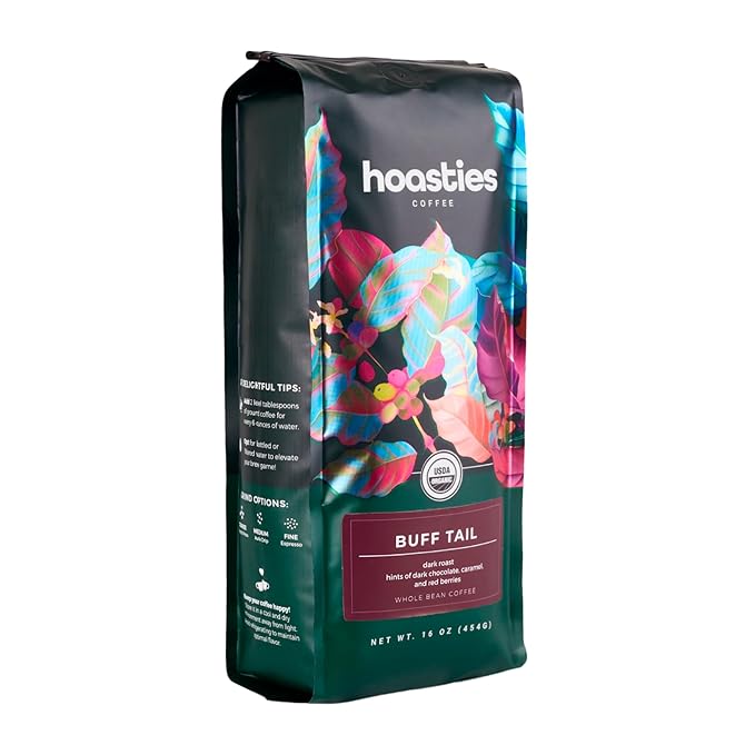 Hoasties Coffee Buff Tail - USDA Organic Dark Roast Whole Bean Coffee 100% Colombian Arabica Pesticide &amp Chemical-Free 16 oz