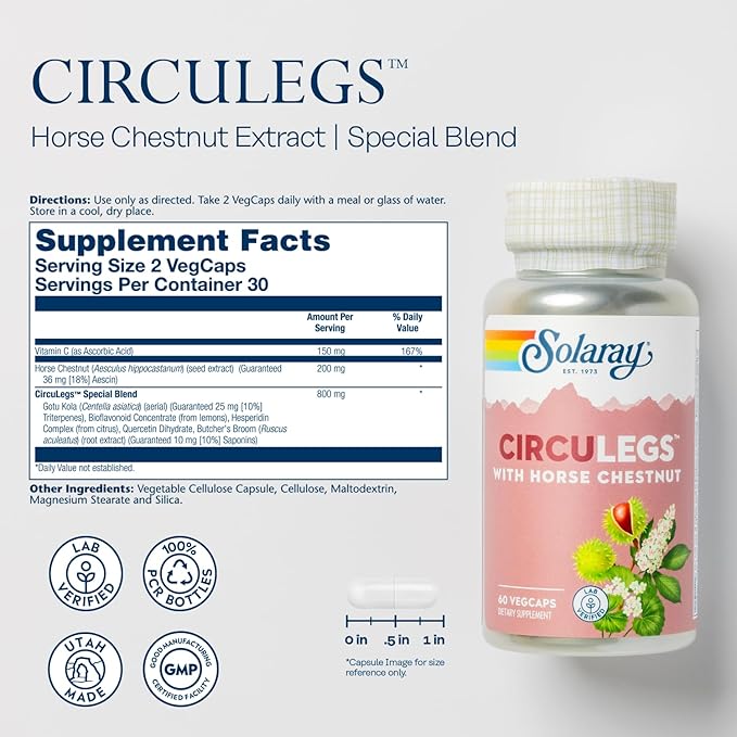 SOLARAY Circulegs - Herbal Supplements for Wellness Support w/Horse Chestnut Extract and Vitamin C Plus Gotu Kola Flavonoids Hesperidin Blend - Vegan Gluten Free 60-Day Guarantee - 30 Servings