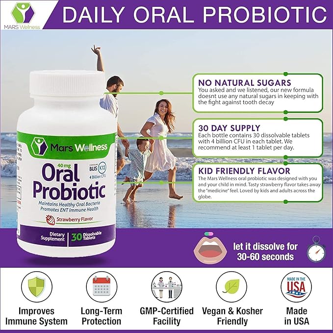 Oral Probiotic Supplement with BLIS K12 4 Billion CFU - Now Dairy Free - Doctor Formulated 30 Day Supply Bottle for Bad Breath Strep Cavities Gum and Oral and Dental Health - Sugar Free - USA Made