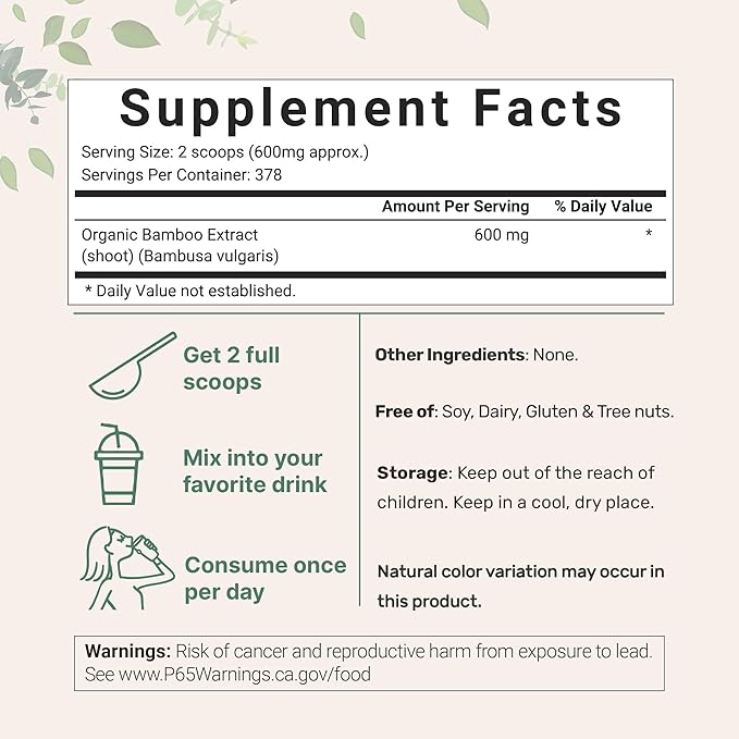 Micro Ingredients Organic Bamboo Extract Powder 8oz (378 Servings) | Bamboo Plant Silica &amp Mineral Supplements | Natural Stem &amp Leaf Extract | Non-GMO Gluten Free Vegan Friendly