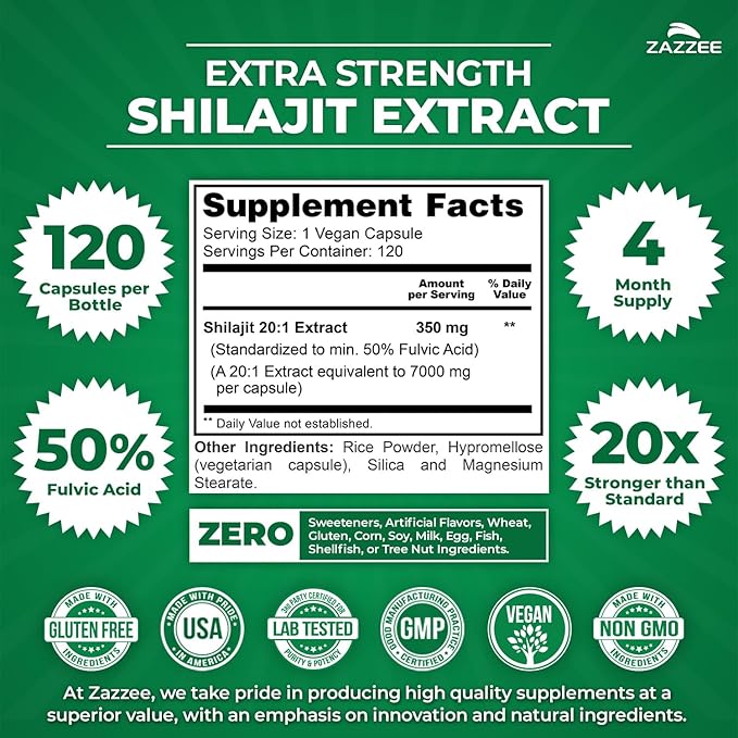 Zazzee 100% Pure Himalayan Shilajit 20:1 Extract 50% Fulvic Acid 120 Vegan Capsules 4 Month Supply Rich in Trace Mineral 20X Potency Energy &amp Vitality Support Non-GMO Made in the USA