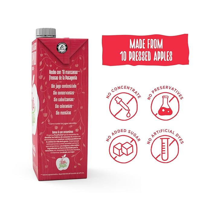 Pura Frutta - Red Gala Apple Juice - 33.8 fl oz (1L) Juice Box 8-Pack - 100% Natural &amp Cold-Pressed Not From Concentrate (NFC) No Sugar Added - Patagonia Blend with Red Delicious Granny Smith