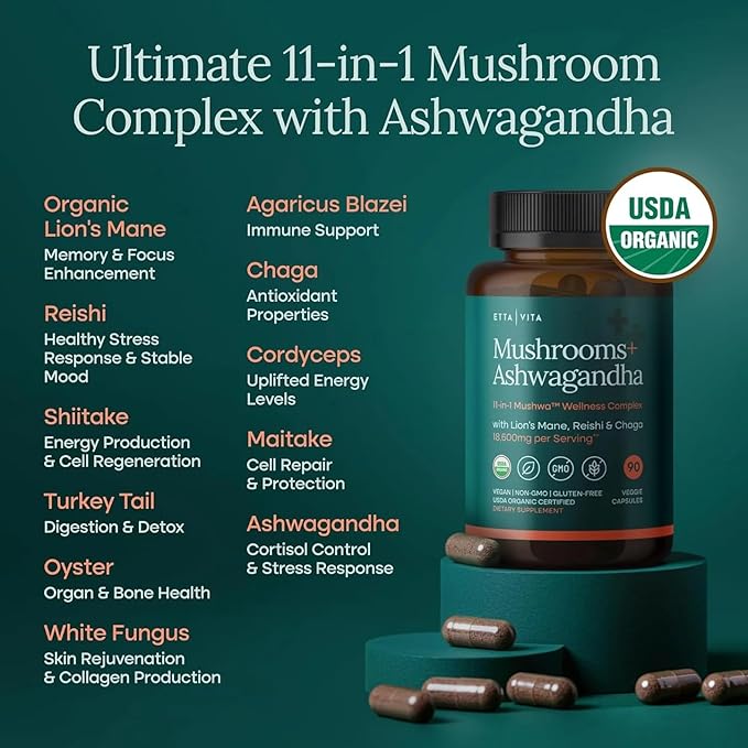 USDA Organic Lions Mane Supplement Capsules with Ashwagandha Chaga Reishi Cordyceps Turkey Tail (18600mg/serv) 10x Adaptogenic Mushroom Complex as Focus Supplement - Energy Immunity &amp Nootro