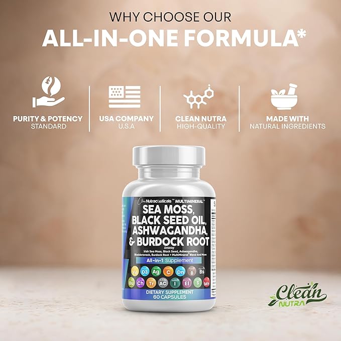 Clean Nutraceuticals Sea Moss Black Seed Oil Ashwagandha Turmeric Bladderwrack Burdock &amp Vitamin C Vitamin D3 with Elderberry Manuka Dandelion Yellow Dock Iodine Chlorophyll ACV - 2Pack (Pack of 2