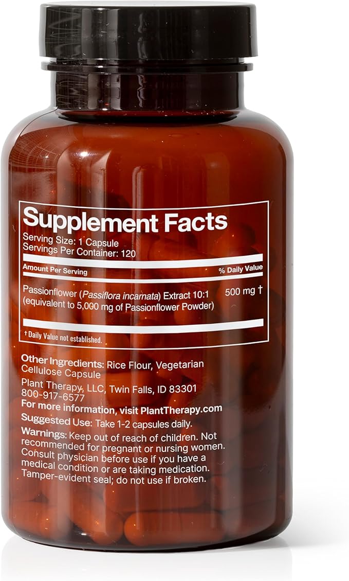 Plant Therapy Passion Flower Capsules Manufactured in USA Calms Nerves Supports Sleep Great Way to Wind Down Supplements for Women &amp Men 120 Count Vegetarian Capsule