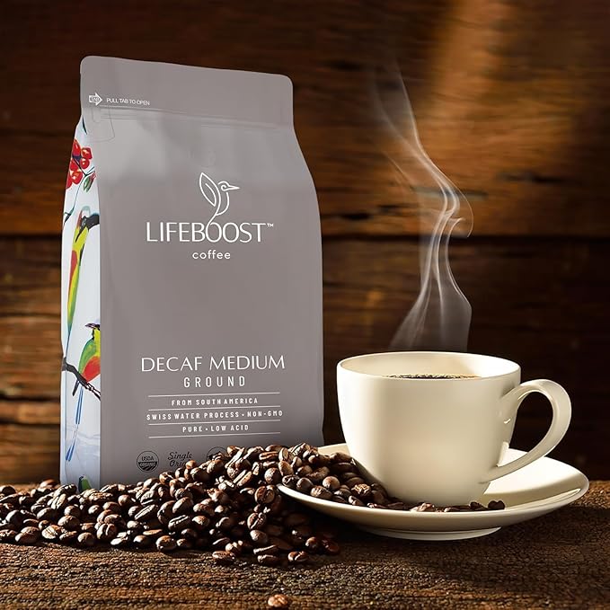 Lifeboost Medium Roast Swiss Water Decaf Coffee Ground - Non-GMO Low Acid Single Origin USDA Decaf Organic Coffee - Third Party Tested For Mycotoxins &amp Pesticides - 12 Ounces